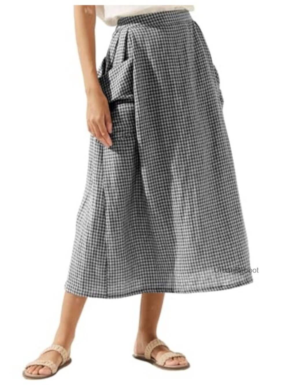 Cotton Blend Plaid Midi Skirt with Pockets Elastic Waist A-Line